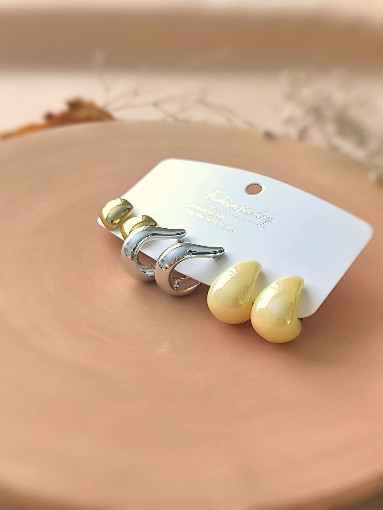 پک گوشوارههای اشکی کرم و آینهای استیل – امکان خرید تکی و پکی